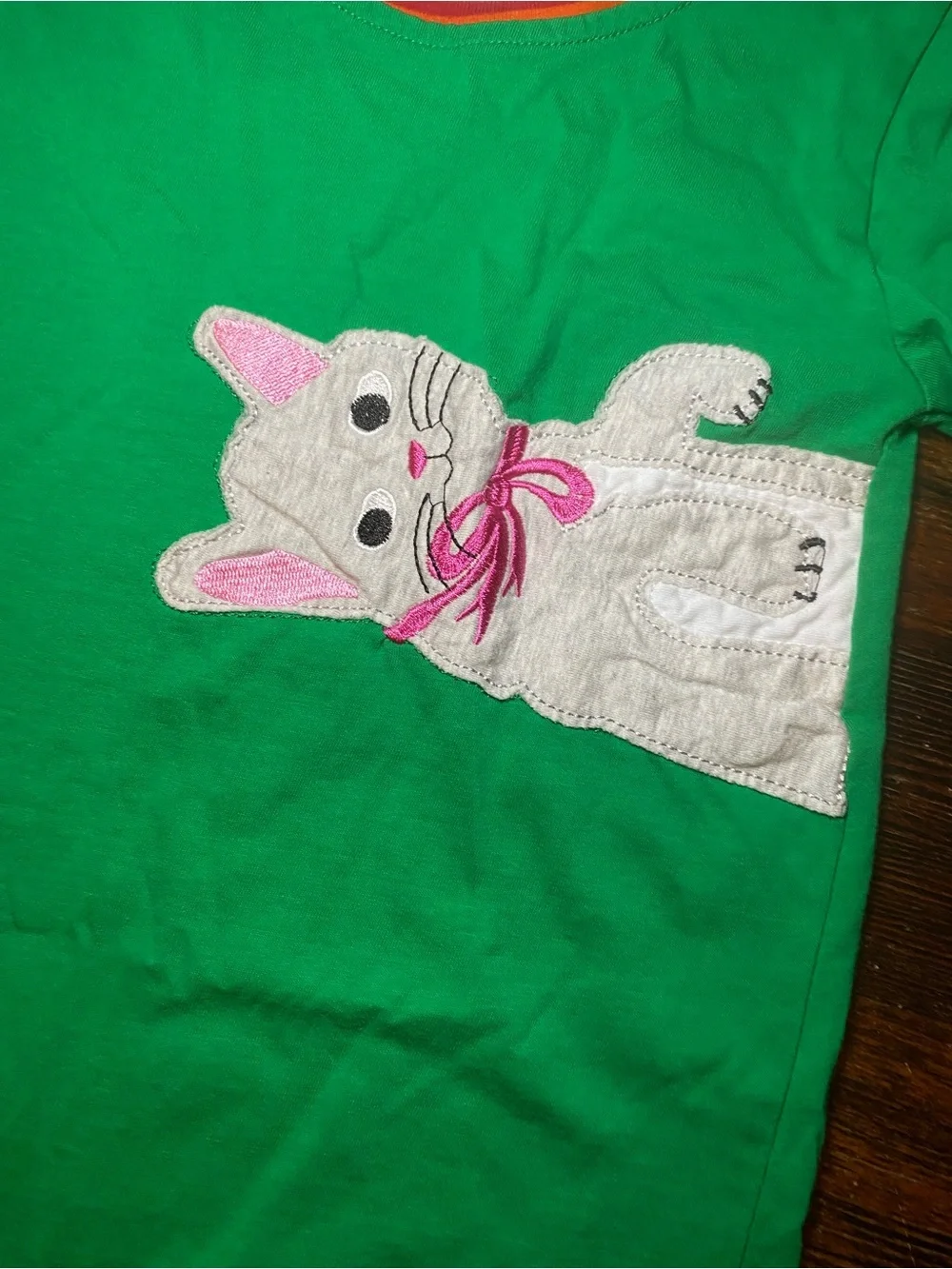 EUC 100% Cotton Bright Green Peekaboo Patch Kittens Rainbow Cuff Tunic Dress